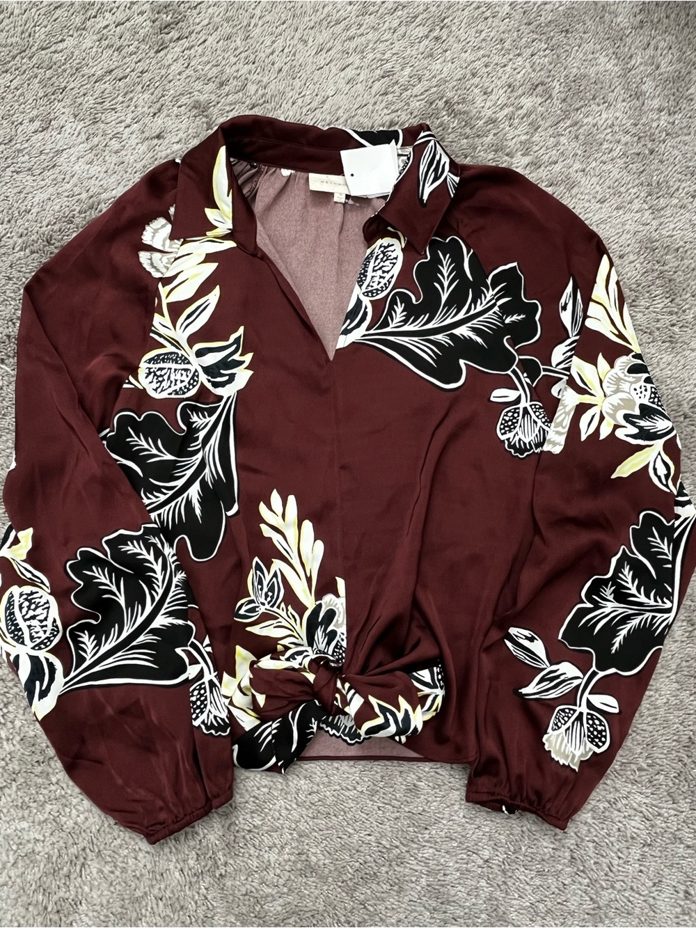 MELLODAY Burgundy Floral Button-Front Tie Hem Shirt